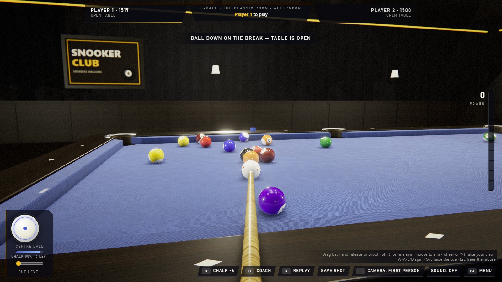 First person view down the cue